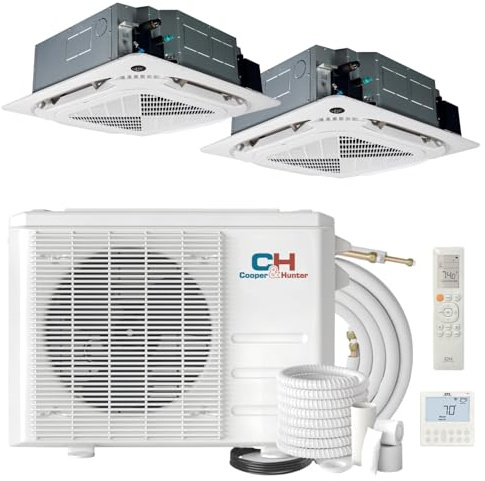 Cooper & Hunter 18,000 BTU Multi Zone, Dual 9,000 + 9,000 BTU Ductless Mini Split Ceiling Cassette Air Conditioner Heat Pump including 25ft Installation Kits