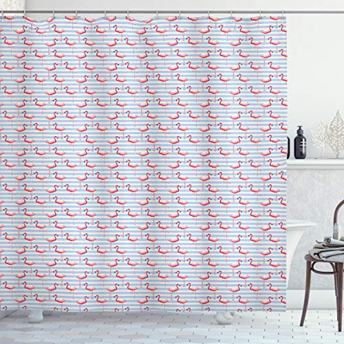 ABAKUHAUS Flamingo Duschvorhang, Vögel auf Marine-Streifen, Stoffliches Gewebe Badezimmerdekorationsset mit Haken, 175 x 220 cm, Dunkle Koralle Puder Rosa