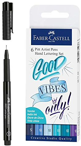 Faber-Castell - Tuschestift Pitt artist pen, S Pen schwarz + 6er Etui Blautöne
