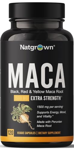Natgrown Organic Maca Root Powder Capsules - Black, Red & Yellow - 1500 mg per Serving - Gelatinized Peruvian Maca Supplement - Non-GMO, Gluten-Free, Vegan - (120 Count)