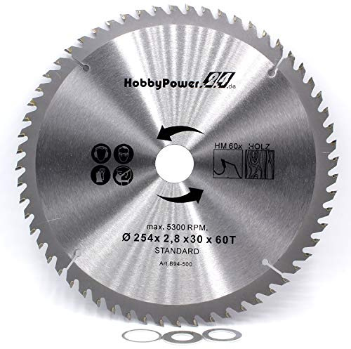 1 Kreissägeblatt Sägeblatt 254x30mm 60 Zähne + 3 Reduzierringe auf 25,4/20 / 16 mm Kapp Gehrungssäge für WOODSTER sl10 lu2