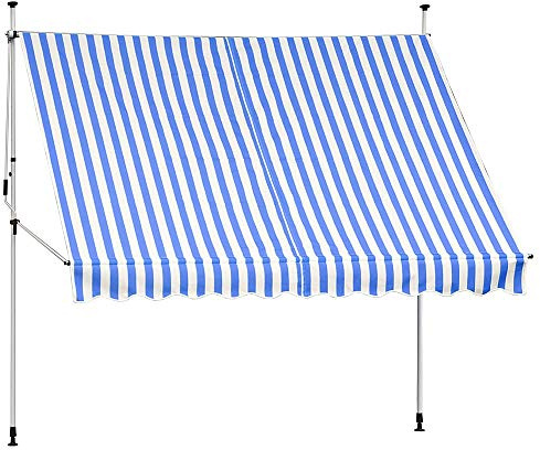 Melko Klemmmarkise Balkonmarkise 300x120 cm mit LED ohne Bohren Blau Weiß | Lichterschlauch für stimmungsvolle Abende, UV-beständiges Polyester 180 g/m², Neigungswinkel 0-180°, Handkurbel, für Fenster