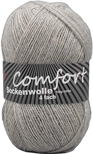100gr Comfort Sockenwolle Strumpfwolle uni - 4-fädig - 100gr Knäul - 420m Lauflänge - Nadelstärke 2,5-3,0mm-klassiche traditionelle zeitlose Farben (mittelgrau)