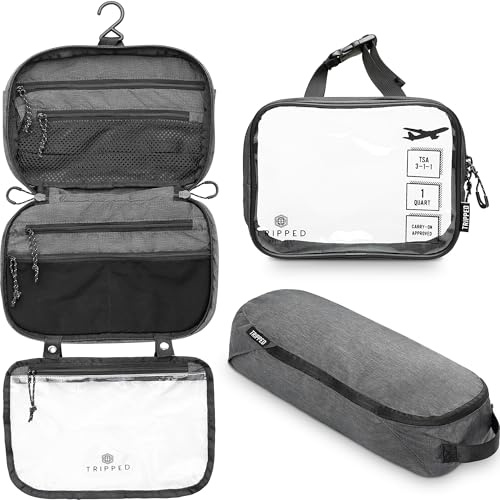 Toalettväska kit set: hängande resenecessär + 311 TSA kosmetisk vätskepåse + ultralätt tillbehörsorganiseringspåse, Grått, 3-delat toalettset | Inkluderar hängande toalettväska, 311 TSA flytande väska och tillbehörsorganiseringspåse med lätt ripstop-konstruktion