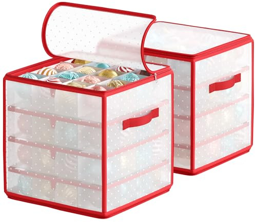 SONGMICS Aufbewahrungsbox für Weihnachtskugeln, 2er Set, Weihnachtskugeln Aufbewahrung, insgesamt 128 Fächer je 7,6 cm, herausnehmbare Tabletts, je 33,5 x 33,5 x 34 cm, kirschrot RFB029T02