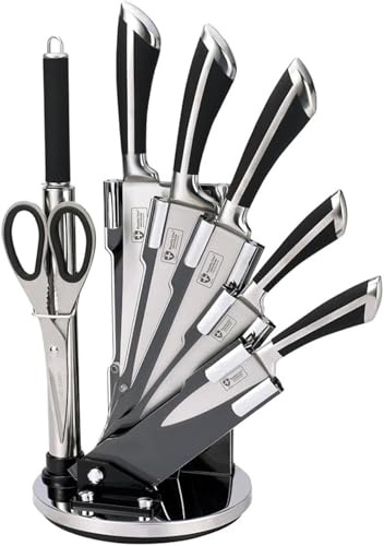 ROYALTY LINE, RLKSS700, Bloque de cuchillos de 8 piezas con soporte para ventilador, tijeras, cuchillos de acero inoxidable, mangos antideslizantes, afilador incluido - Negro - Tamaño estándar