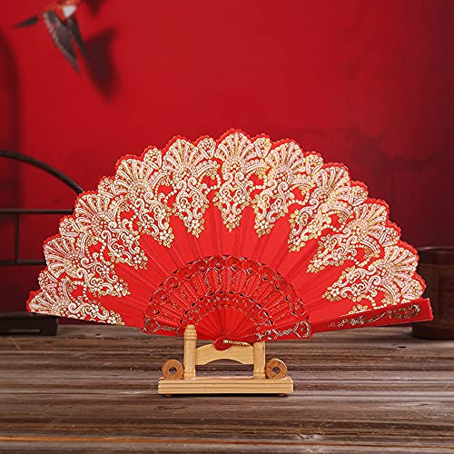 Duories Handfächer Stofffächer,Vintage Faltfächer Chinesischer Stoff Fächer Faltfächer für Abkühlung im Sommer Hochzeit Geschenk Muttertag Party Kostüm Halloween Karneval Fasching Tanzen Hand Fan,Rot