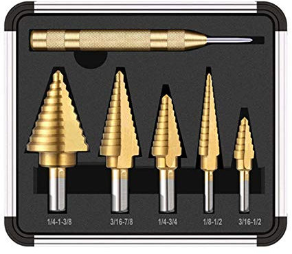6Pcs Imperial HSS Titanium Coated Step Drill Bit With Center Punch Drill Set Hole Cutter For Metal Wood Step Cone Drill