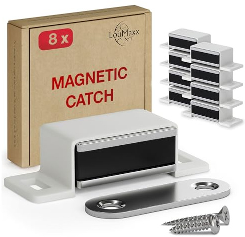 LouMaxx Cierre magnético fuerte, juego de 8 unidades, color blanco, para puertas de armarios y muebles con fuerza de sujeción de 4 kg, cierre magnético, incluye material de montaje
