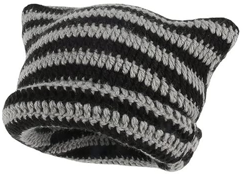 SINSEN Women's Cat Beanie Crochet Hats with Ears Knitted Striped Winter Warm Elastic Cap for Girls Adults Kids (Black)