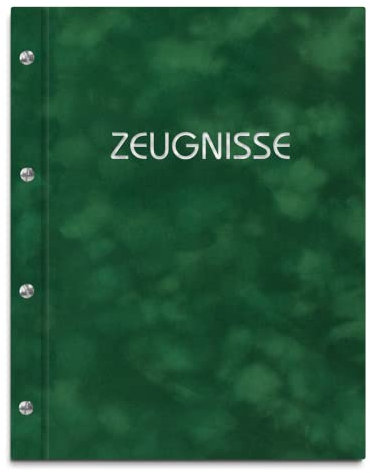 Zeugnismappe im grünen Samteinband mit Prägedruck in verschiedenen Farben – handgefertigte Mappe inkl. 12 Sichthüllen