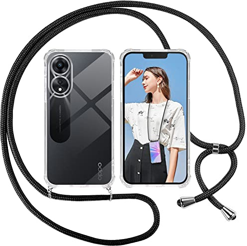 ISOI Funda con Cuerda para OPPO A78 5G, Carcasa Transparente TPU Suave Silicona Case con Correa Colgante Ajustable Collar Correa de Cuello Cadena Cordón, Negro