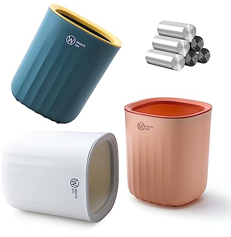 QLFJ-FurDec 3 Pcs Mini Trash Can with 180 Trash Bags, Tiny Desktop Wastebasket, Small Plastic Countertop Garbage Can Storage Basket for Bedroom, Bathroom, Kitchen, Office Tabletop(White + Blue + Pink)