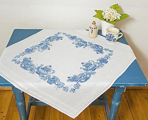 KAMACA Stickpackung Kreuzstich vorgezeichnet Baumwolle komplettes Stickset mit Stickvorlage Stickerei-Kit zum Selbersticken Erwachsene (Teekanne MD 80x80 cm)