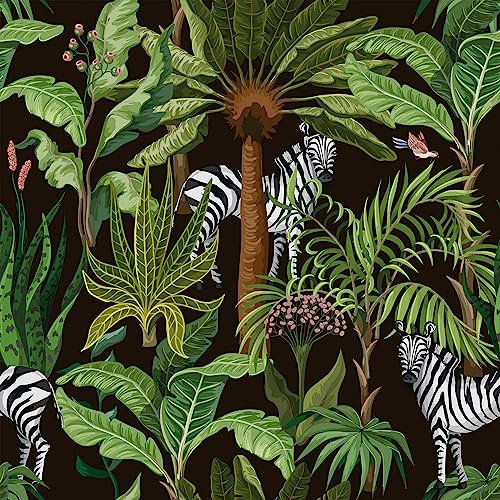 VEELIKE Papel Pintado Pared Selva Tropical Hojas Palmera Papel Autoadhesivo Pared Flores Negro Cebra Fotomurales Decorativos Pared Baño Papel Adhesivo para Muebles Dormitorio Armarios 44.5cm×300cm