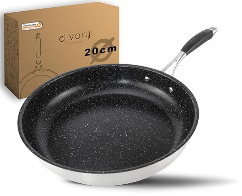 DIVORY Edelstahl Pfanne 20 cm ULTIME Induktion I Antihaft beschichtete kleine Bratpfanne für alle Herdarten I Induktionspfanne, Ergonomischer Griff, Spülmaschinen geeignet (20cm, Schwarz)