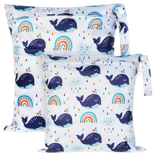 Vicloon Wet Bag, 2 PCS Baby Cloth Nappy Wet Bags, Nappy Bags with Double Zipper Pockets, Waterproof Reusable Washable Cloth Diaper Bags for Babies Swimming Camping Travel Gym Beach - Whale