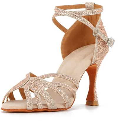 Syrads Scarpe da Ballo per Donna Salsa da Ballo Latino Scarpe da Ballo Aperte in Punta per spettacoli di Nozze per Feste sociali per Principianti,Oro 9cm Heel,39 EU