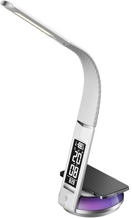 i-Smt LED Table/Desk Lamp with Wireless Charging, Eye Protection with 9 Lighting Mode, Display of Calendar, Time, Alarm and Temperature, Adjustable gooseneck Arm, Base with Neon