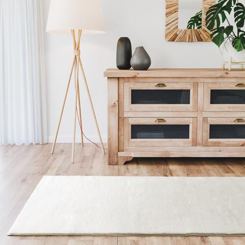 Interiyou Fargo - Teppich Wohnzimmer 70x200 cm Creme - Kurzflor Waschbar und Rutschfest - Flauschiger Fellteppich aus Kunstfell - weicher Langflor Fell