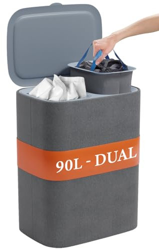 Dual Section 90l Laundry Basket with Lid – Tall divided Laundry Hamper with 2 Self Seating Removable Bags, Large Laundry Sorter for Easy Clothes Separation