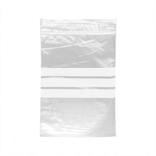 CHEFZOCO Bolsas Plastico Transparente, Bolsas de Plástico con Cierre Hermético, Bolsas Autocierre, Ziplock Bags, Apta para contacto alimentario, Bandas blancas, Medida 8 x 12 cm, Contiene 50 bolsas