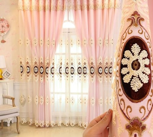Beydodo Vorhänge Wohnzimmer mit Haken 2er Set, Gardinen Polyester Rosa 137x244CM Nordisch Doppellagig Stickerei mit Blumen Motiv Vorhang Halbtransparent Wohnzimmer Schlafzimmer Kinderzimmer