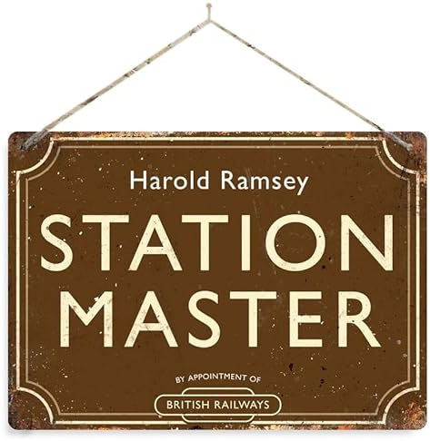 Personalised Station Master - Brown. Large metal sign with 2 holes and twine. Train Platform Steam Any name