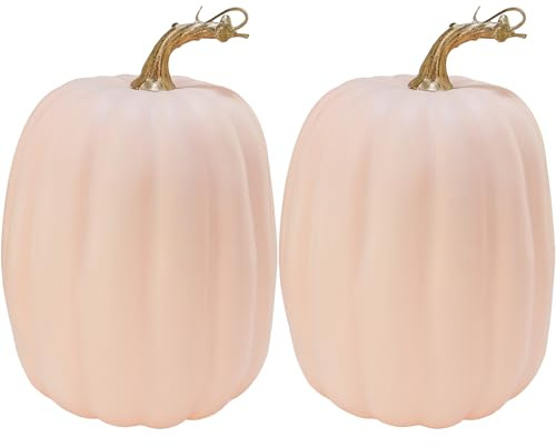 Winlyn 2 Pcs Large Artificial Pumpkins Fall Harvest Light Peach Pumpkins Big Faux Foam Pumpkins 8.7 for Fall Autumn Home Decor Wedding Baby Shower Thanksgiving Halloween Party Table Centerpiece