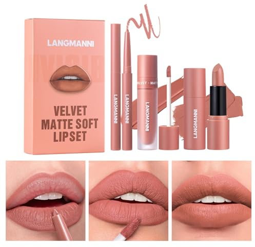 3Pcs Barra de labios mate + Barra de labios líquida mate + Set de Perfilador de Labios, Pigmento aterciopelado Set de regalo de maquillaje de larga duración resistente al agua (#02, Paquete de 1)