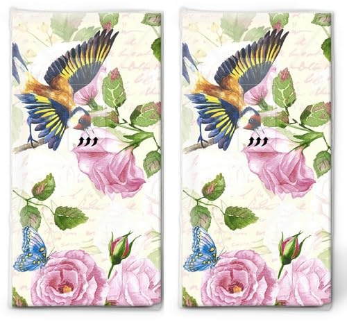 20 einzelne Taschentücher Tiermotive Vögel fliegen an Pfingstrosen. 2 Packungen mit 10 einzelnen Papiertaschentücher bedruckt als Geschenk.