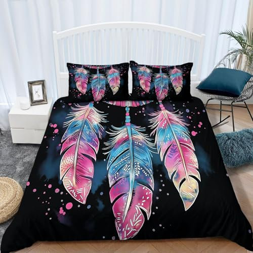 Bettbezug Bedruckt Bettwäsche-Set 200 × 200 cm, Drucken Bettbezug Aquarell TraumfäNger Mit Federn Bettwäsche-Set auf Weiches Mikrofaser-Baumwolle 1 Bettbezug Bunt und 2 Kissenbezug