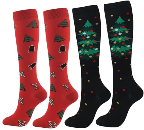 NiceYnn Noël Chaussettes de Compression Montant 2 Paires Chaussette au Genoux Imprimé Motif Sapin Bonhomme Père Noël Chapeau Multicolore #A L