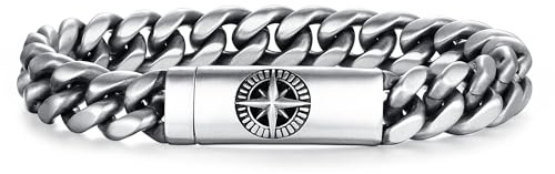 GAVU Kompass Armband für Duftöl und Parfum mit silberner Panzerkette aus Edelstahl für Herren