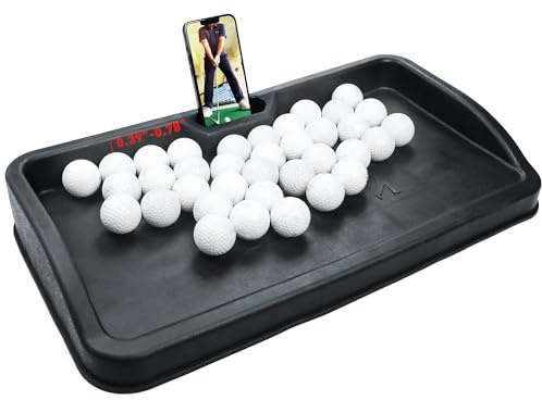 Vassoio per palline da golf in gomma resistente, con supporto per telefono cellulare, capacità 100 palline, vassoio ad alto impatto, compatibile con tutti i tappetini da colpire