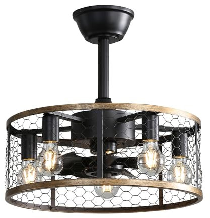 ComfortXL Ventilatore da soffitto industriale 50 cm con luce e telecomando, 7 pale ABS, motore reversibile silenzioso, design gabbia, ideale per soggiorno, camera da letto, cucina, balcone, nero