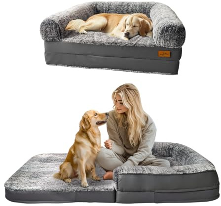 BingoPaw Foldable Human Dog Bed: Orthopedic Memory Foam Human Sized Dog Bed, Waterproof Pet Bed for People, Faux Fur Pet Couch for Adult Grey 180x95x28cm