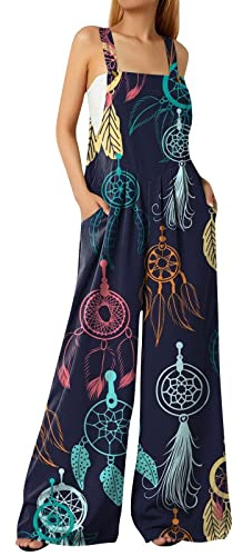 PODOLIXIA Tuta estiva da donna, senza maniche, lunga con motivo floreale, salopette, gamba larga, boho, casual, pantaloni larghi, abbigliamento da donna