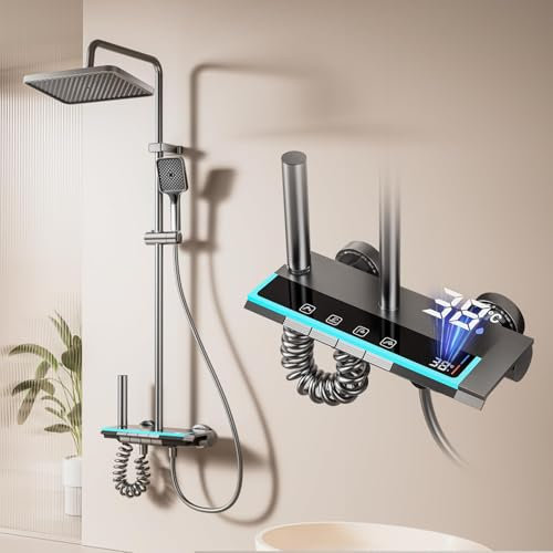 Umisu Colonna doccia con display LED digitale e orologio, illuminazione d'atmosfera, rubinetteria regolabile in altezza con pulsanti pianoforte e doccetta per bagno