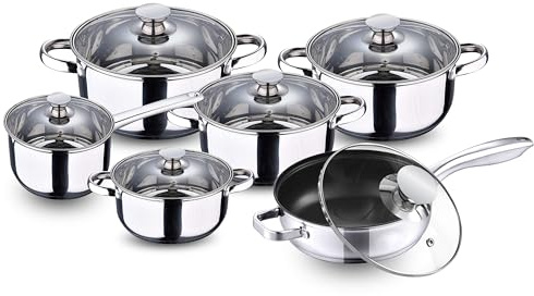 Crystals 12Pcs Induction Stainless Steel Cookware Set with Glass Lids – Mirror Polished Casseroles, Saucepans & Stockpots – Oven & Dishwasher Safe Kitchen Cookware (Design - 3)