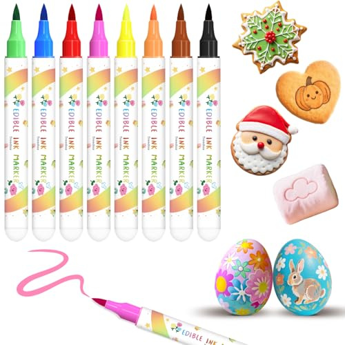 Stylo Colorant Alimentaire, 8 Marqueurs Comestibles avec Pointe de Pinceau Souple pour Traits Épais et Fins, Stylo Alimentaire, Feutre Alimentaire pour Gâteaux, œufs de Pâques, Fondant, Food