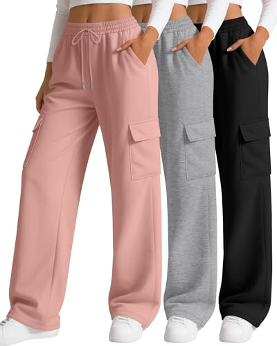 Neer 3 Pack Women's Cargo Sweatpants Wide Leg Baggy Loose Elastic Drawstring Pants Casual Athletic Joggers with 4 Pockets(Black, Light Gray, Dusty Pink,XX-Large)