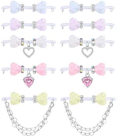 AVYRING 5 paia di finti piercing per capezzoli, regolabili, in acciaio inox, con clip, con motivo a cuore, multicolore, senza buco, da donna