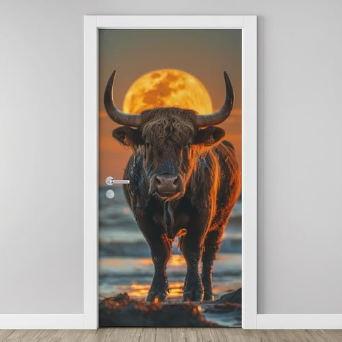 Highland Kuh Türtapete 3D Selbstklebend, Meer Sonnenuntergang Felsen Fototapete, Vinyl Folie Wasserfest Abenddämmerung Wandtattoo für Schlafzimmer Wohnzimmertür Küche Badezimmer 90x200cm Acd98
