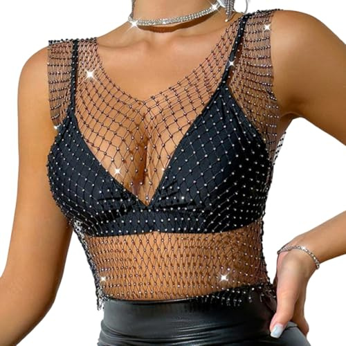 Festival Oberteil Damen Schwarze Glitzer Netzoberteil Transparent Mesh Oberteil Damen Glitzer Strass Glänzendes Mesh Körperkette Tops Funkelnde Bikini Crop Top für Nachtclub Karneval Party Festival