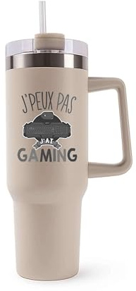 Planetee Mug Isotherme 1,2L - Je peux pas gaming Beige – Bouteille avec Anse, Paille et Couvercle – Idée Cadeau Gourde Personnalisée