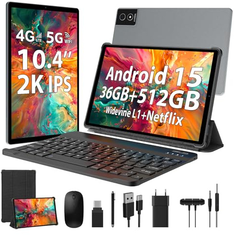 WOREGOO Tableta Android 15 de 10.4 Pulgadas, 4G LTE y WiFi 5G, Octa-Core, 36GB RAM+512GB ROM (1 TB TF), FHD 2K 2000x1200, Widevine L1/GMS/GPS/Cámara 8+13 MP/Batería 8000 mAh con Teclado+Ratón (Gris)