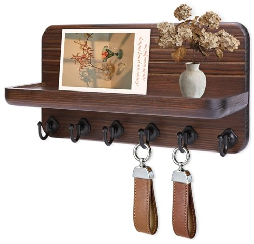 Kldgris Key Holder for Wall, Mail Organizer Wall Mount with 6 Hooks Wooden Hanging Key Rack for Home Decor, Hallway, Entryway (Brown)