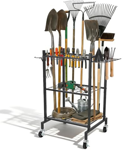 Gartengeräte Organizer mit Rollen, Gartengeräte Halterung mit 11 Haken, bis zu 35 Werkzeuge für Schaufel, Hacke & Spatengabel, Gartenwerkzeug aufbewahrung für Garten und Garage Garagen(79X30X30cm)