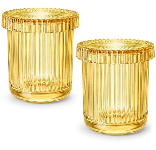 MKOSAB yellow Thick Glass Bathroom Qtip Holder, 2 Pack | Modern textured design adds a refined look while keeping cotton swabs, cotton balls, pads and floss picks organized